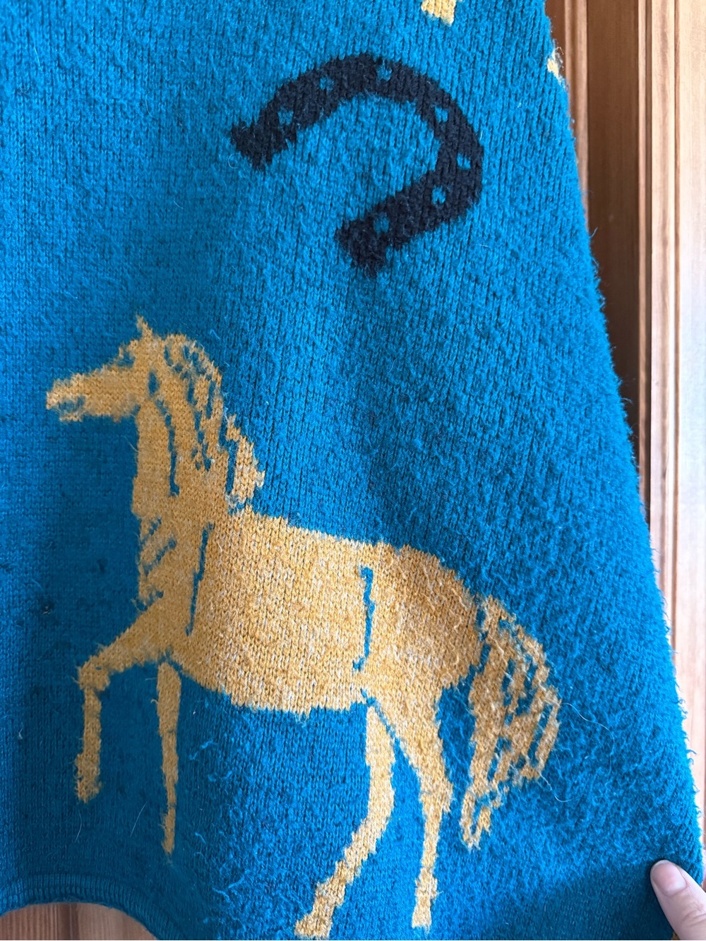 Textured Teal 100% Wool Knit Sweater Horse Detail - Picture 2 of 5